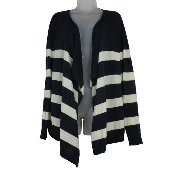 LOFT Women's Open Cardigan Sweater Blue & White Cotton Sweater Size L Nautical - Picture 1 of 6